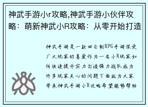 神武手游小r攻略,神武手游小伙伴攻略：萌新神武小R攻略：从零开始打造强力战队
