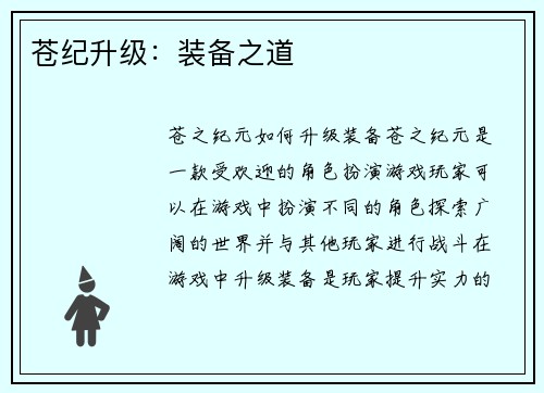 苍纪升级：装备之道